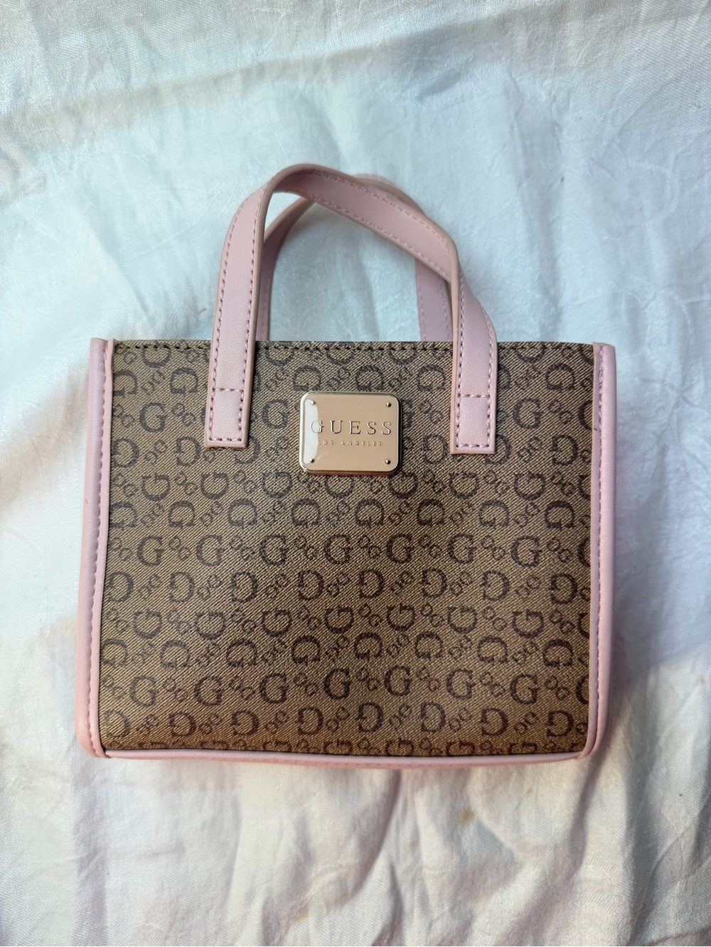GUESS Brown Monogram Mini Tote with Pink Trim